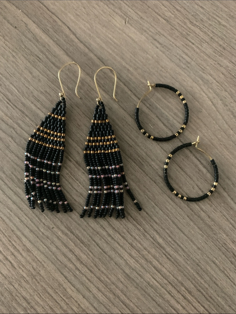 NEW Black and Gold Beaded Tassel Earrings & Hoop Set